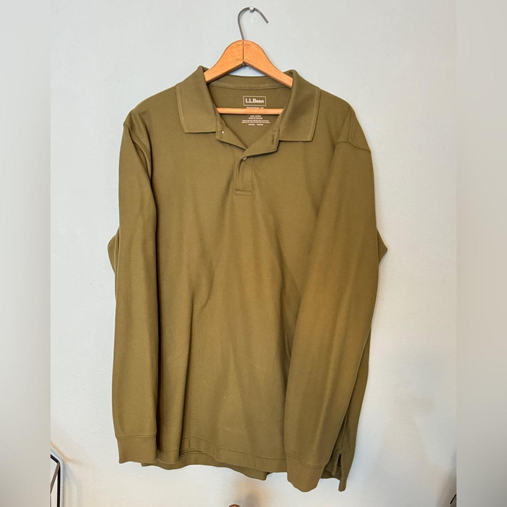 LL BEAN Men’s LS Polo Shirt, L, olive green